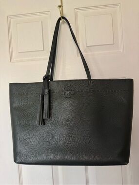 Tory Burch McGraw Pebbled Leather Tassel Large Tote Bag Forest Green color